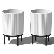 Veradek Demi Series Raised 16" Plastic-Stone Planter - (White/Black, 2 Pack)