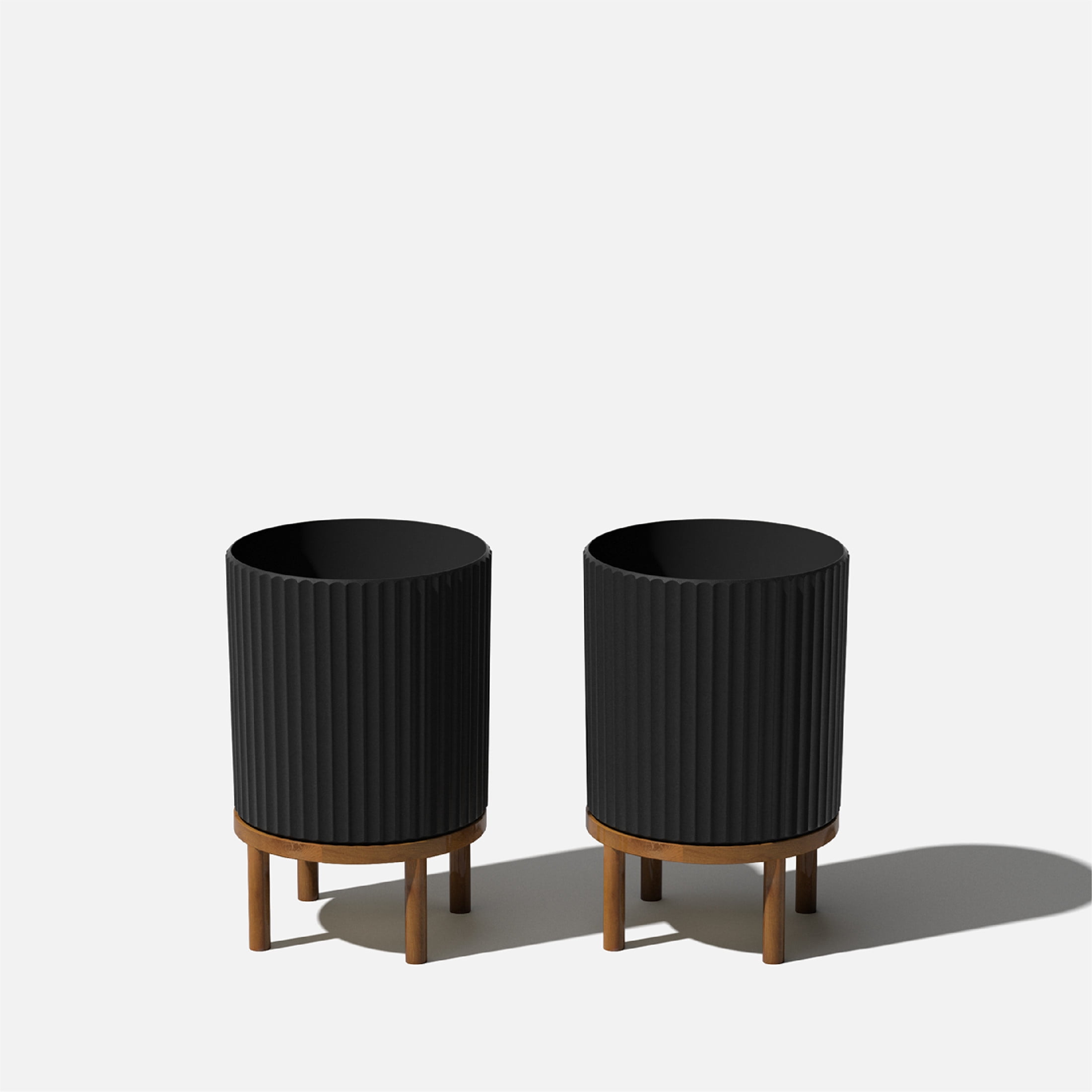 Demi Series 12" Black/Brown Planters with Acacia Wood Stand, Set of 2