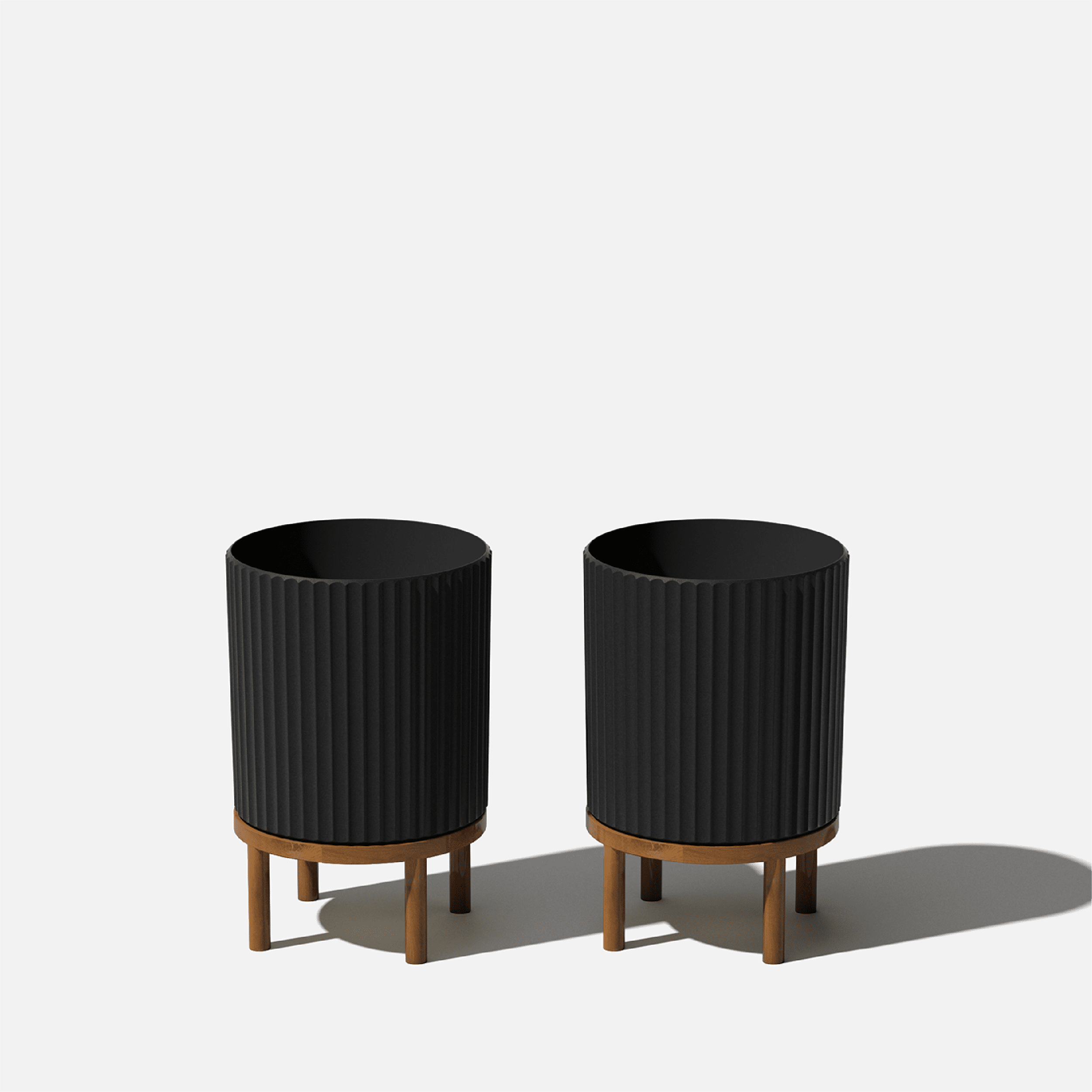 Demi Series 12" Black/Brown Planters with Acacia Wood Stand, Set of 2