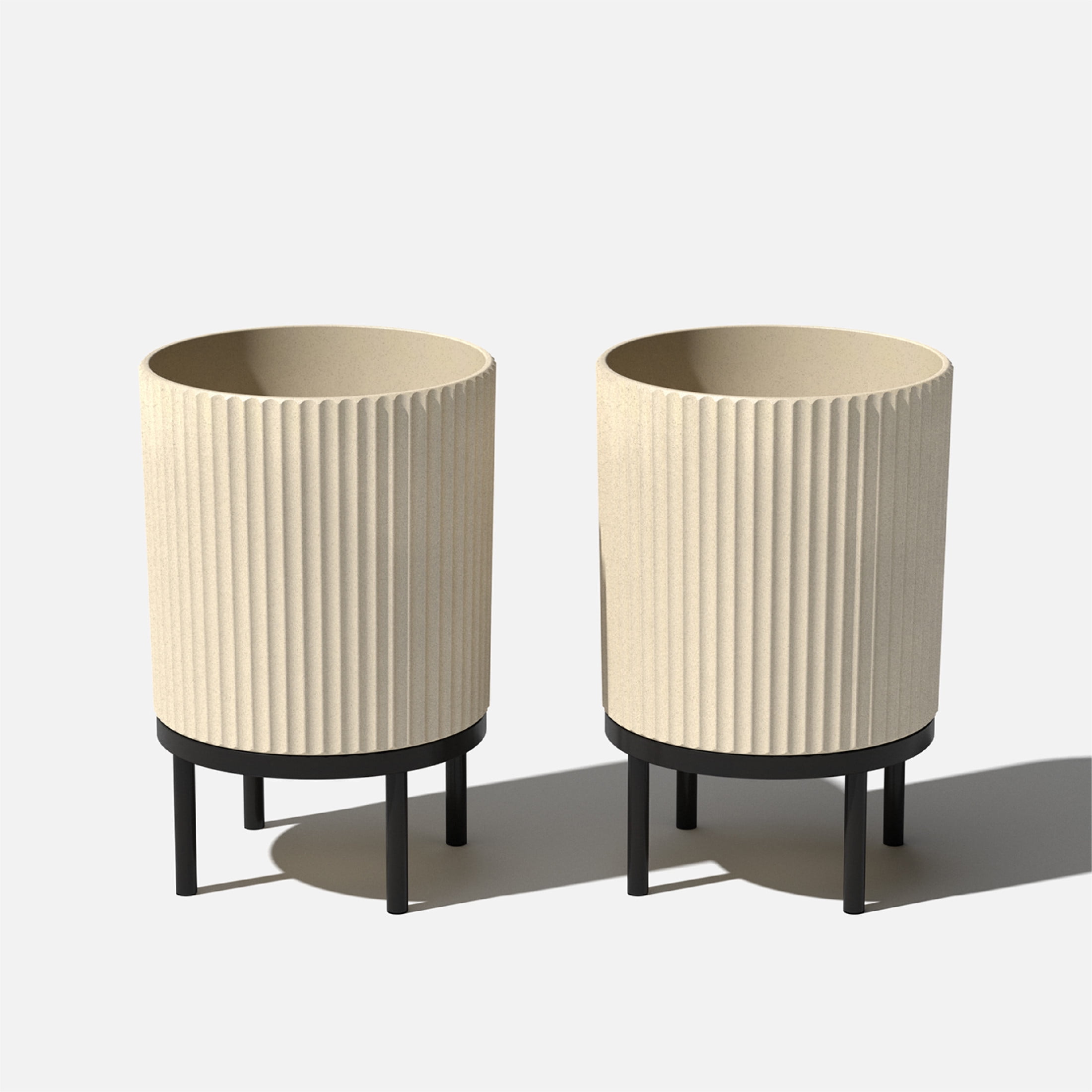 Sandstone and Black 16" Concrete-Composite Planter Set with Acacia Wood Stand