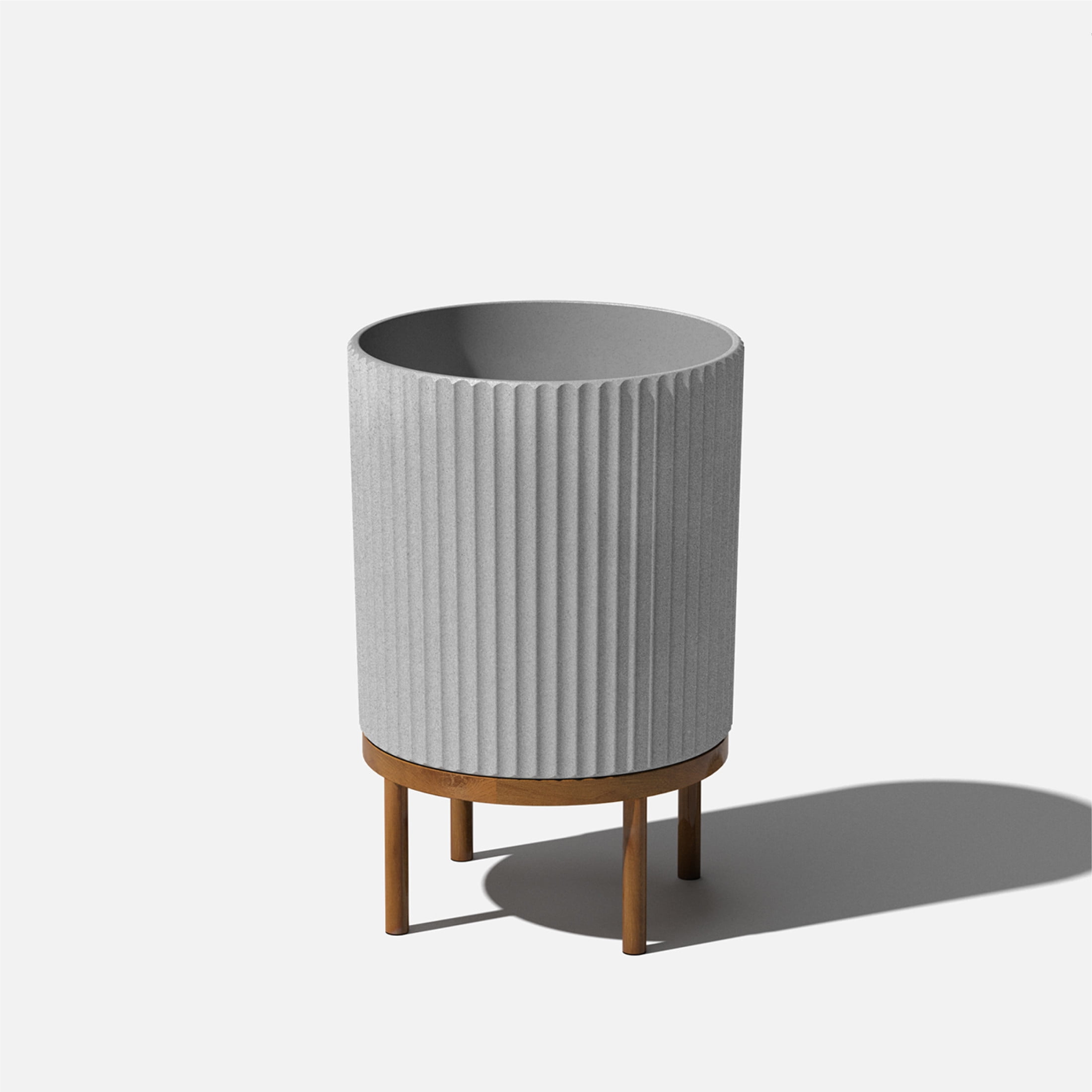 Gray Fluted Concrete-Composite Planter with Acacia Wood Stand