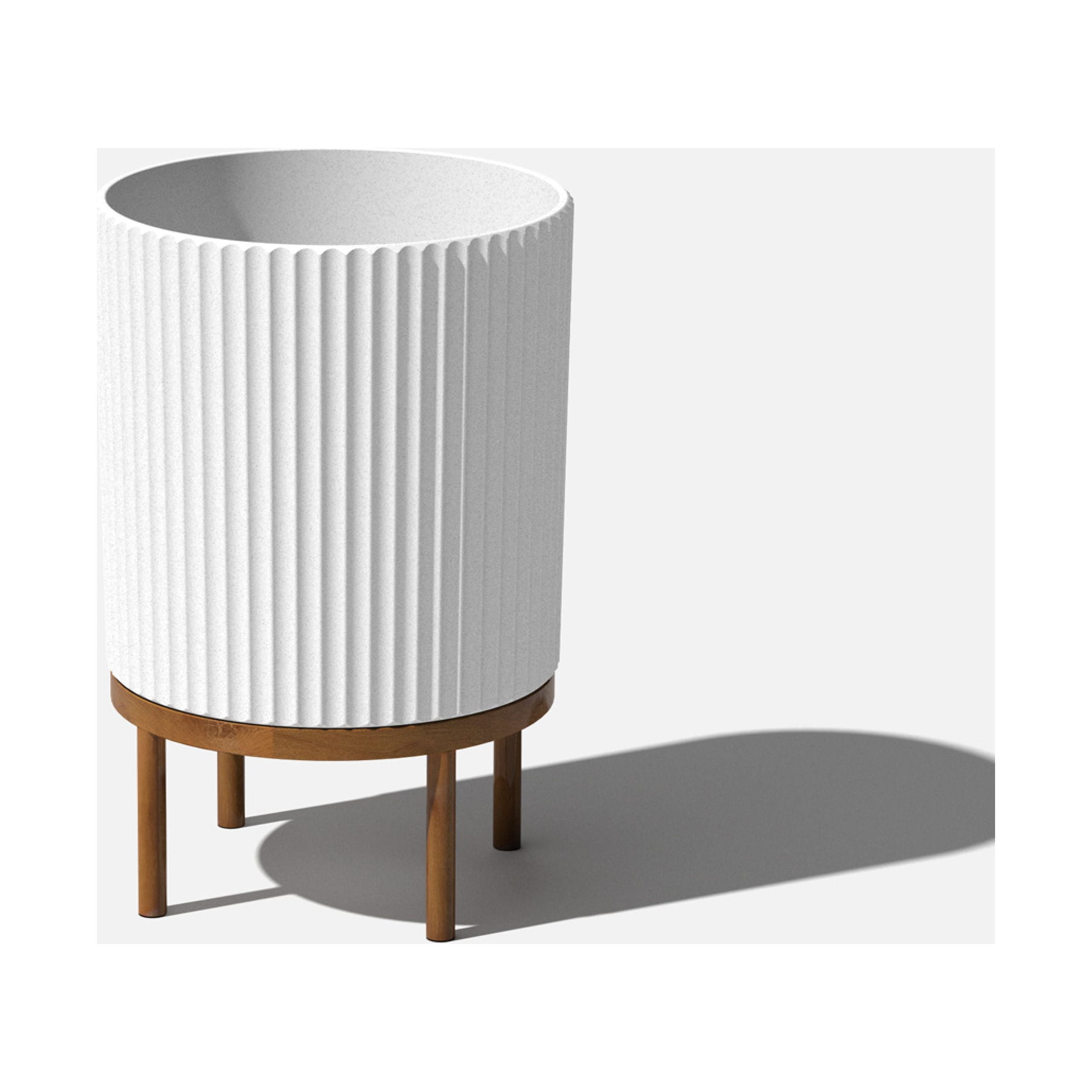 White Fluted Concrete-Composite Planter with Acacia Wood Stand
