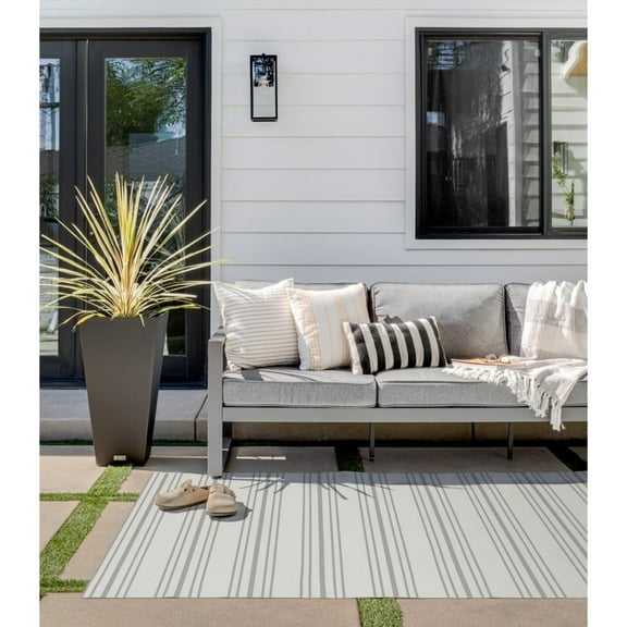 Veradek Rectangular Ticking Striped Outside Area Rug - 60" x 96" - Beige and Green