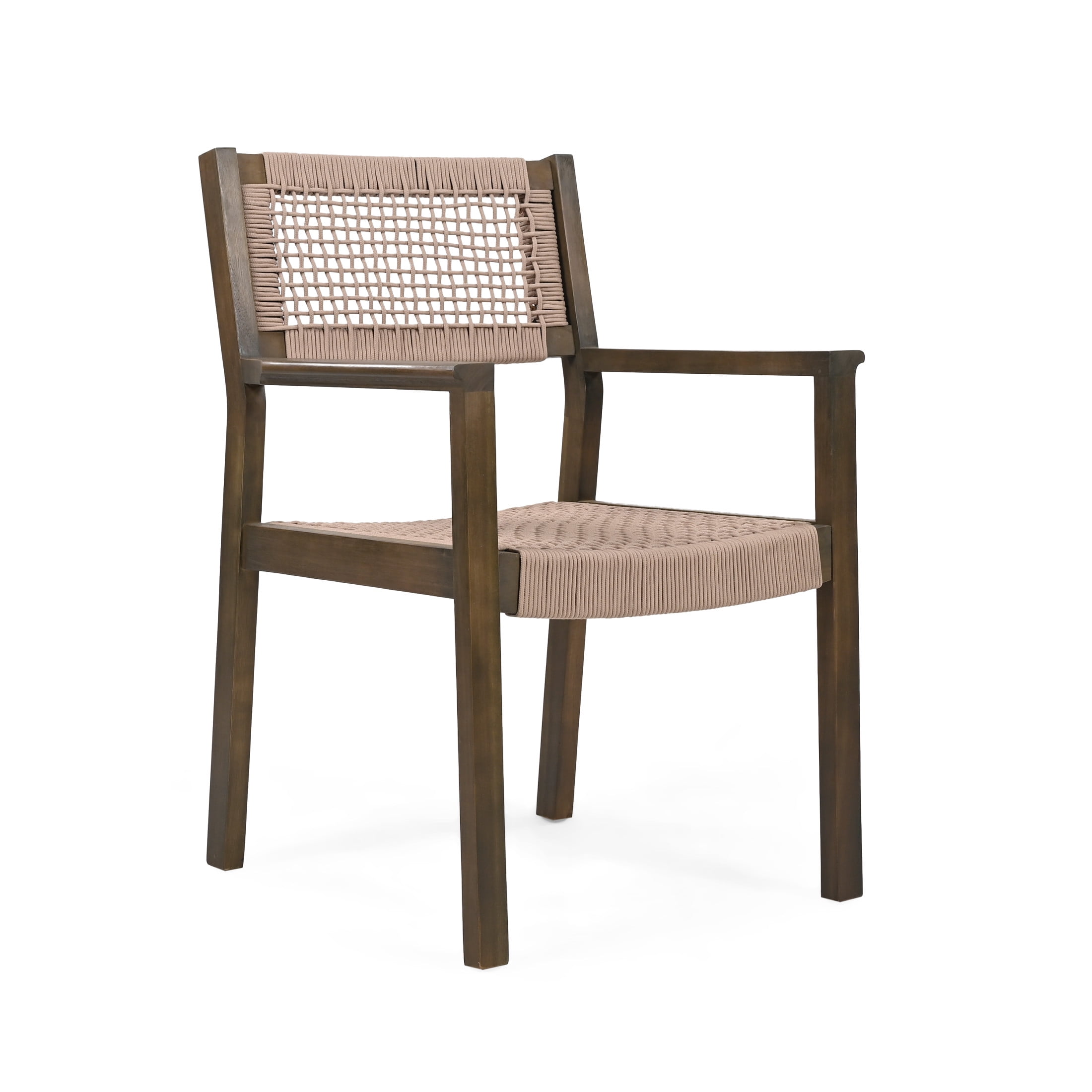Veralis Outdoor Patio Braided Rope Dining Chairs, Acacia Wood, Light Brown + Grey, Set of 2
