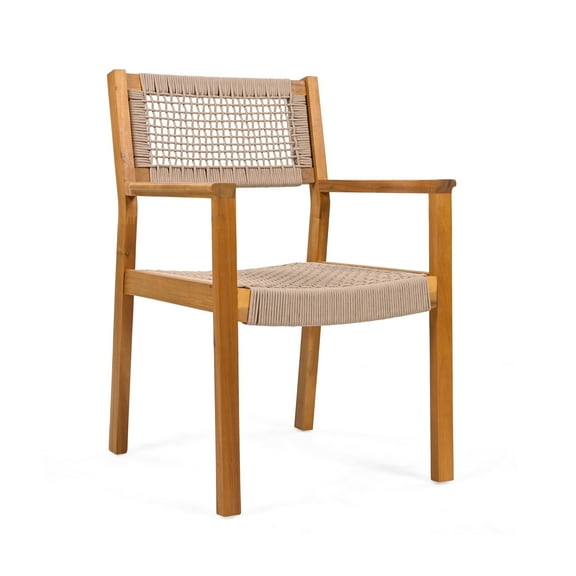Veralis Outdoor Patio Braided Rope Dining Chairs, Acacia Wood, Light Brown + Teak, Set of 2