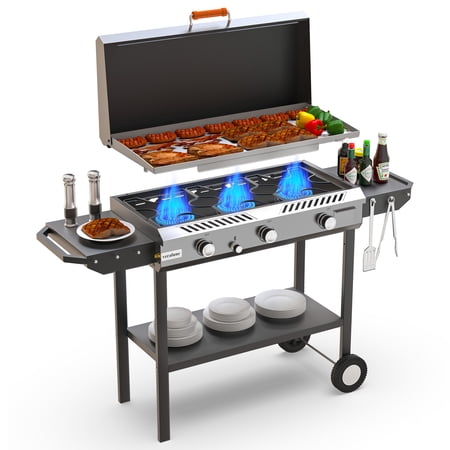 Veralune 2 in 1 Flat Top Gas Grill with Lid, Propane Gas Griddle, Outdoor Griddle Grill, Folding Side Shelves, Push-Button Ignition, Large Cooking Area