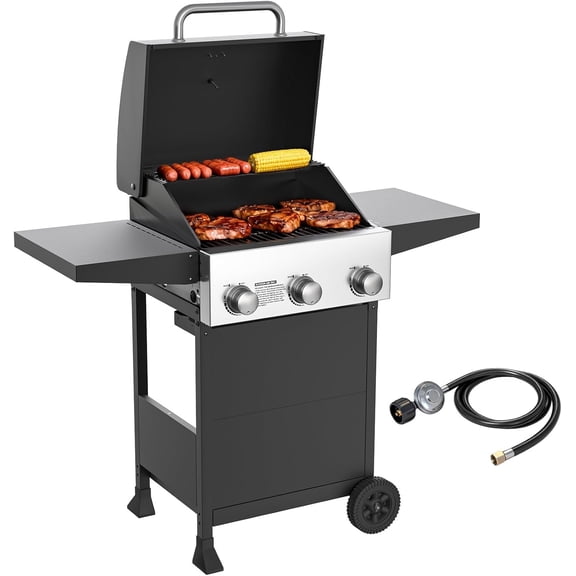Veralune 3 Burner Propane Gas Grill, 445 Sq. In. Cooking Area, 36,000 BTU Stainless Steel BBQ Grill with Built-In Thermometer, Lid, Wheels & Two Foldable Shelves for Patio, Garden Backyard Cooking
