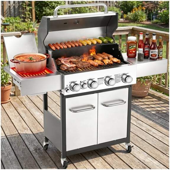 Veralune 4 Burner Gas Grill with Infrared Side Burner, Outdoor Gas Grill, BBQ Gas Grill with Oil Tray and Built-in Thermometer, 55,000 BTU, Enameled Cast-iron Grates, Black