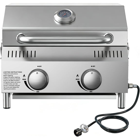 Veralune Tabletop Gas Grill, 2 Burners Portable Propane Grill, Camping Cooking Grill with Travel Lock for Camping, RV, Backyard BBQ