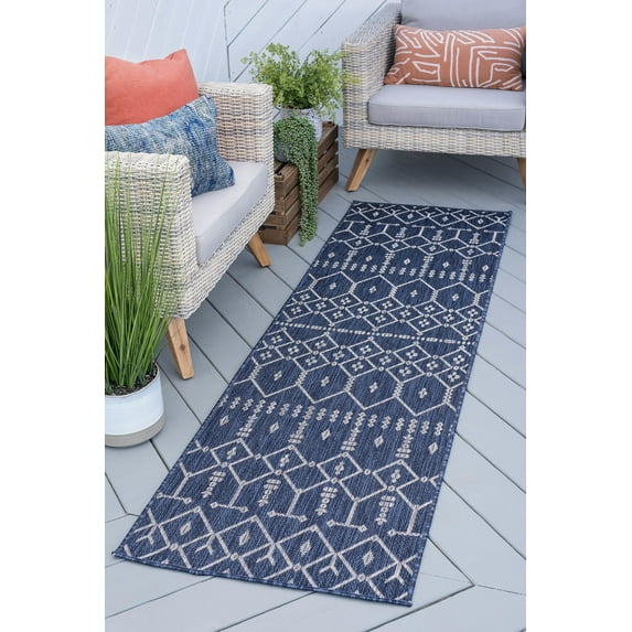 Veranda Contemporary 2' x 10' Navy and Light Gray Polypropylene Outdoor Area Rug