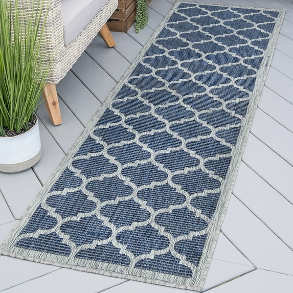 Veranda Contemporary 2' x 7' Navy and Light Gray Polypropylene Outdoor Area Rug