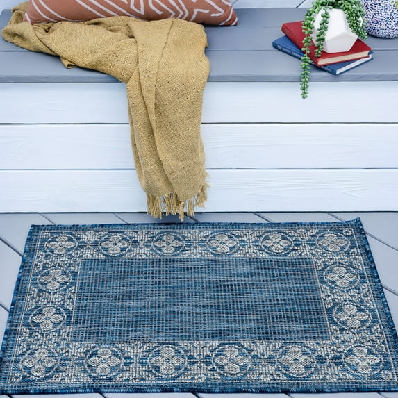 Bliss Rugs Border Indoor Outdoor Rug Low-Profile Floor Mat for Patio, Entrance, Front Door | Indigo, 2' x 3'