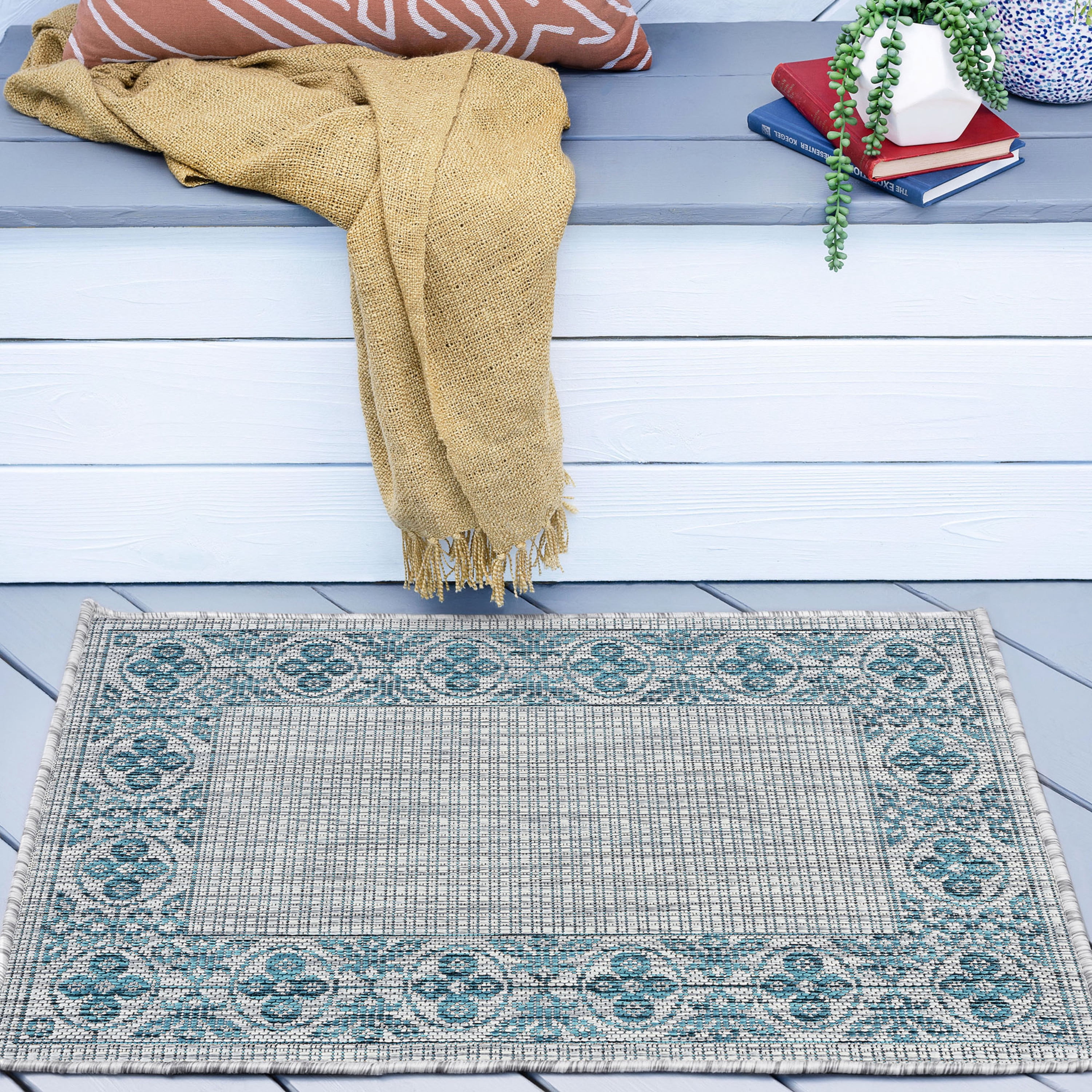 Polyprop Traditional Rug Veranda Traditional 2' x 3' Teal and Light Gray Polypropylene Outdoor ...