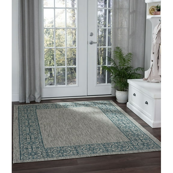 Veranda Traditional 5' x 7' Teal and Light Gray Polypropylene Outdoor Area Rug