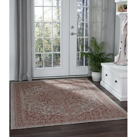 Veranda Traditional 5' x 7' Terra and Light Beige Polypropylene Outdoor Area Rug