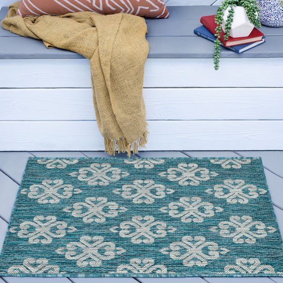 Veranda Transitional 2' x 3' Teal and Light Gray Polypropylene Outdoor Area Rug