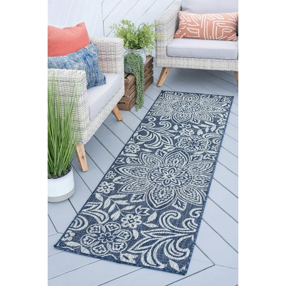 Bliss Rugs Floral Indoor Outdoor Rug Water Resistant Runner Rug for Patio, Hallway, Entryway, Deck, Navy ,3' x 8'
