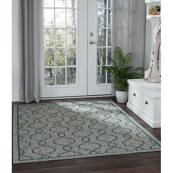 Veranda Transitional 4' x 6' Teal and Light Gray Polypropylene Outdoor Area Rug