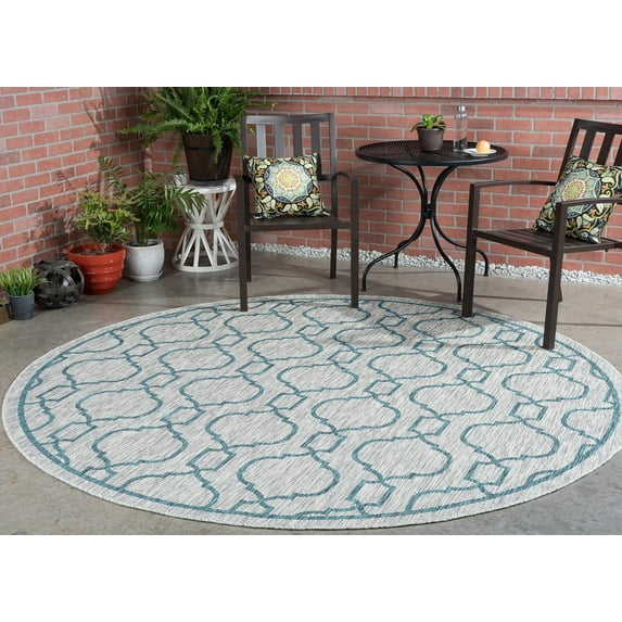 Veranda Transitional 5' Round Teal and Light Gray Polypropylene Outdoor Area Rug