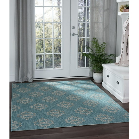 Veranda Transitional 5' x 7' Aqua and Light Gray Polypropylene Outdoor Area Rug