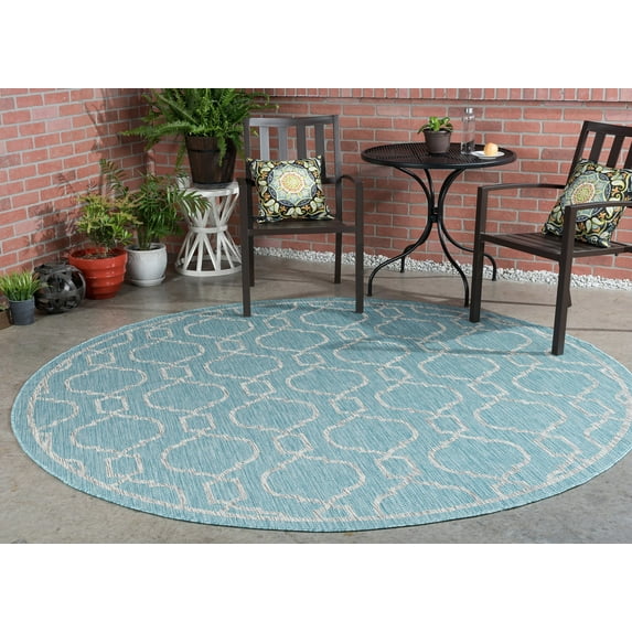 Veranda Transitional 8' Round Aqua and Light Gray Polypropylene Outdoor Area Rug