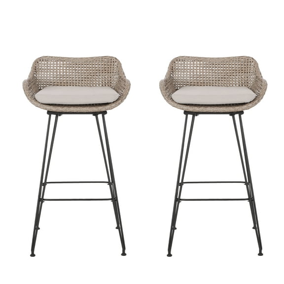 Verano Wicker and Metal Outdoor Barstools with Cushion, Set of 2, Mixed Brown and Beige