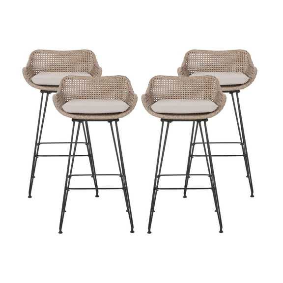 Verano Wicker and Metal Outdoor Barstools with Cushion, Set of 4, Mixed Brown and Beige