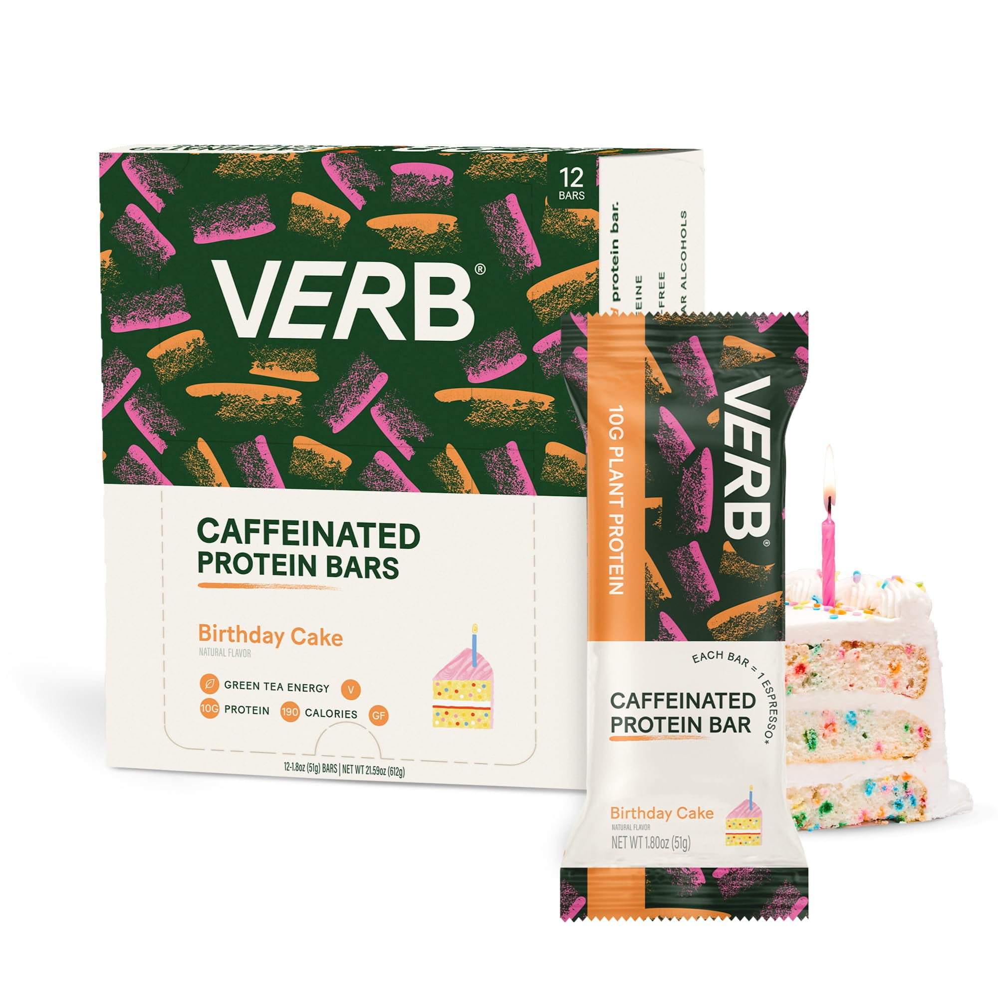 Verb Energy Birthday YPF5 Cake Caffeinated Protein Bars 190Calorie