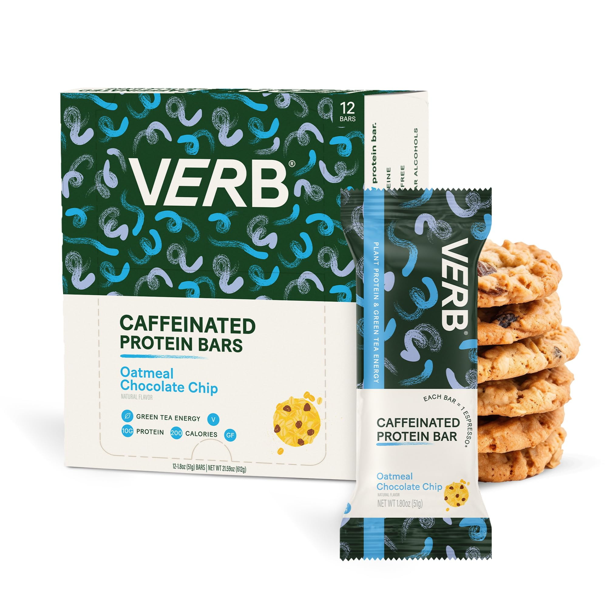 Verb Energy Oatmeal Chocolate Chip Caffeinated Protein Bars 190