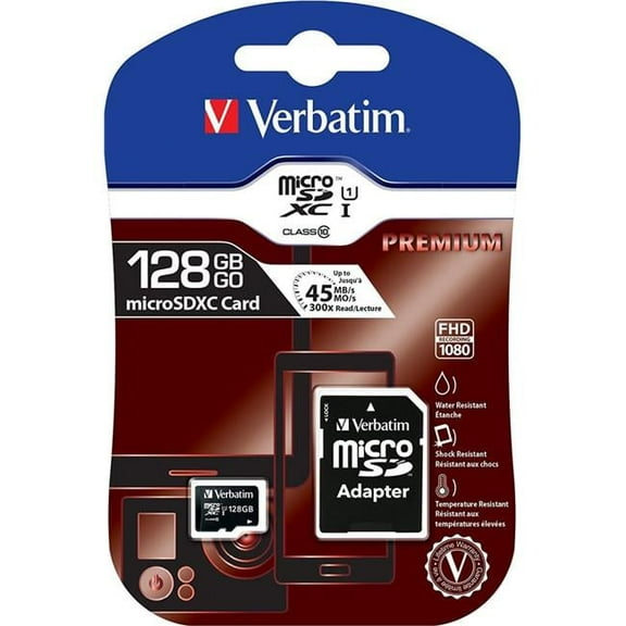 Verbatim  128GB Premium microSDXC Memory Card with Adapter, UHS-I Class 10