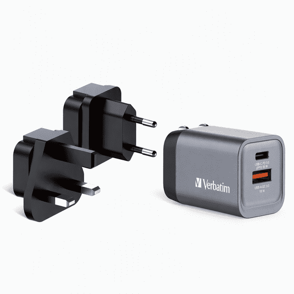 Verbatim 35W GaN Fast Wall Charger, 2-Port USB-C and USB-A Travel Charger