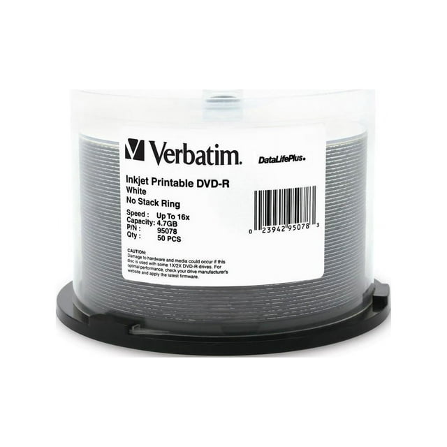 Verbatim 4.7GB 16X DVD-R White Inkjet Printable 50 Packs Spindle DVD Media