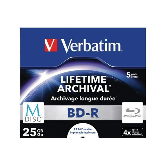 Verbatim 43823 25GB 4x M-Disc BD-R - 5 Pack Jewel Case 5 Pack Jewel Case BD-R (Blu-ray)