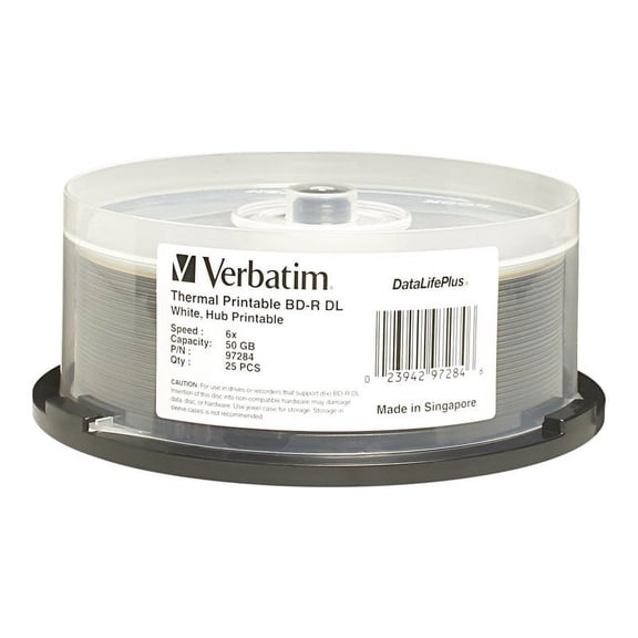 Verbatim BD-R DL 50GB 6X DataLifePlus White Thermal Printable, Hub Printable - 25pk Spindle - 25pk Spindle