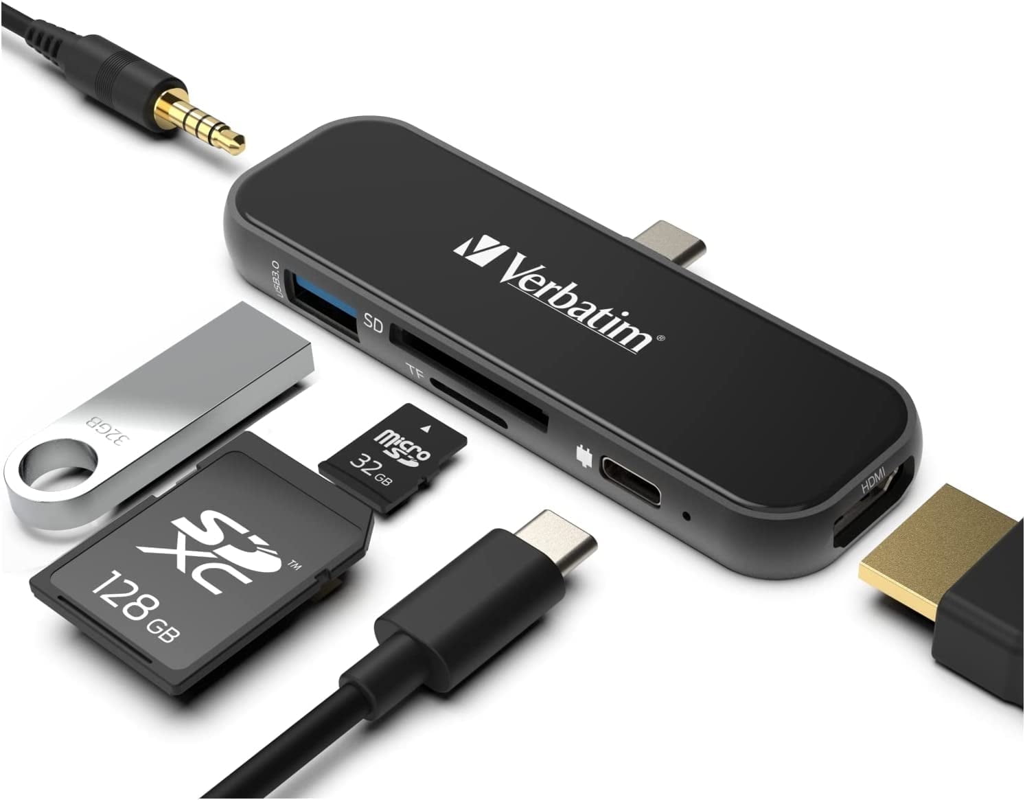 Verbatim 6-in-1 USB-C Hub Adapter with 100W Power Delivery, USB 3.0, SD Card Reader, Audio Port