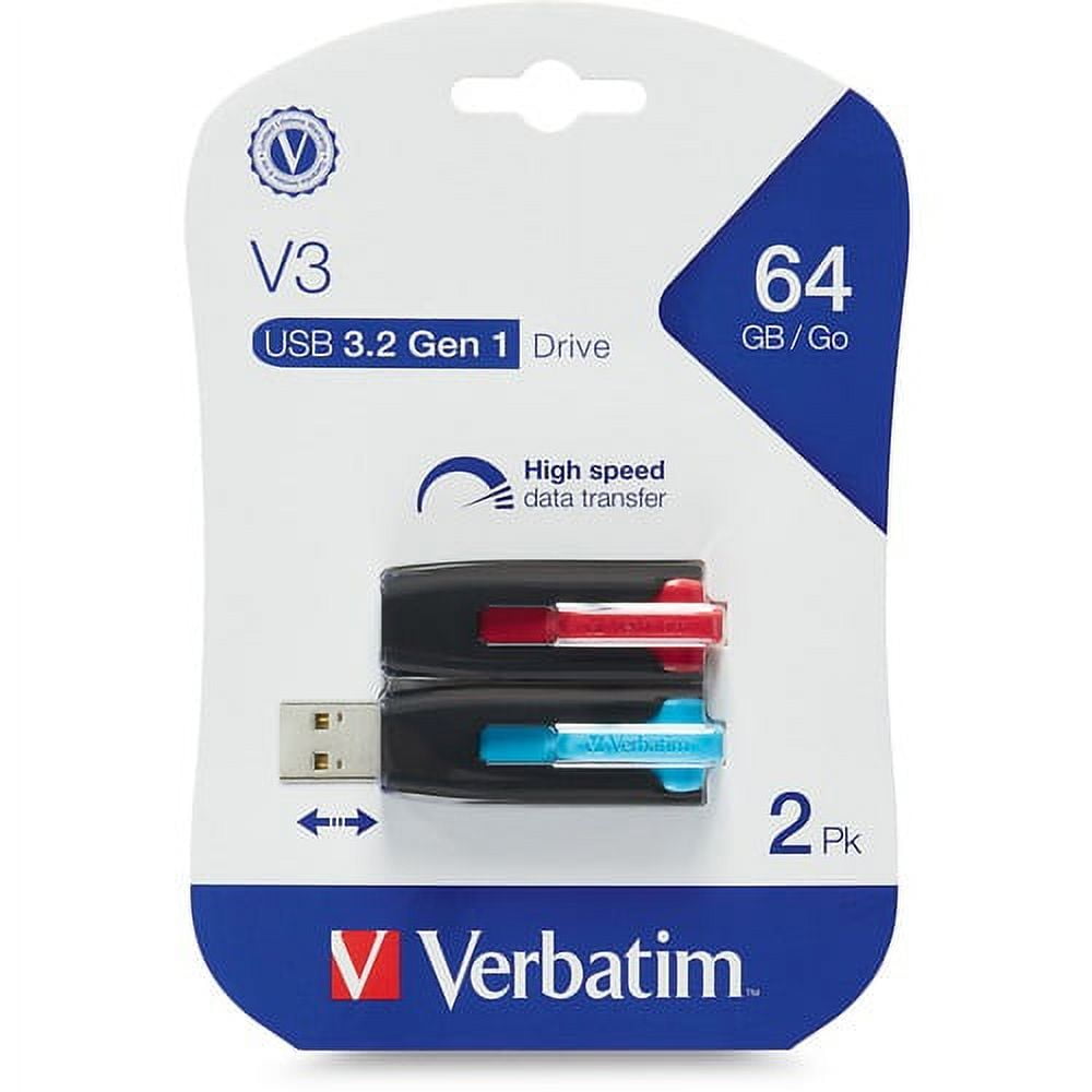 Verbatim 64GB Store 'n' Go reg; V3 USB 3.2 Gen 1 Flash Drive - 2pk - Red, Blue - 64 GB - USB 3.2 (Gen 1) - Blue, Red - Lifetime Warranty - 2 Pack | Bundle of 5 Packs