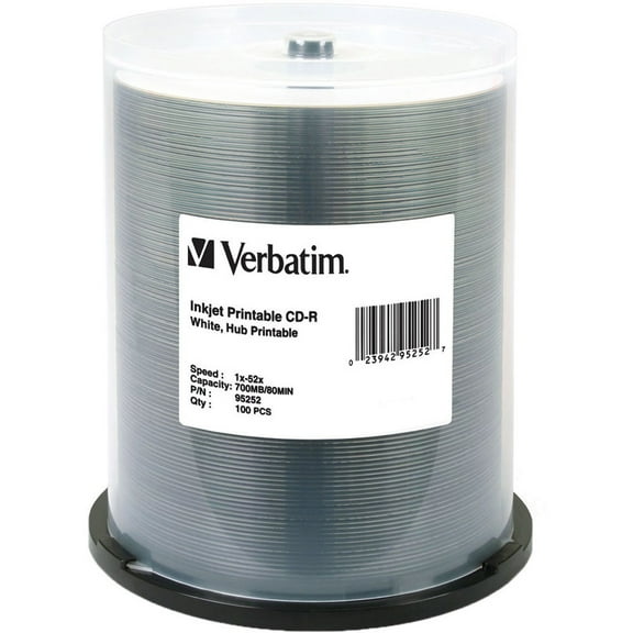 Verbatim 95252 700 MB 52X CD-R White Inkjet Printable Hub Printable (100/Pack)