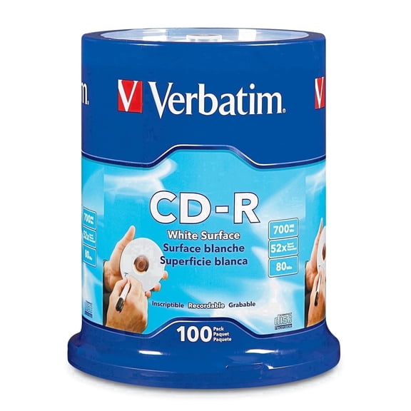 Verbatim CD-R 700MB 80-Minute Blank Discs 100-Pack Spindle, 52X, White