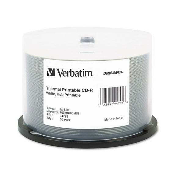 Verbatim 94795 700 MB/80 min 52x Spindle Hub Printable CD-R DataLifePlus Printable Recordable Disc - White (50/Pack)