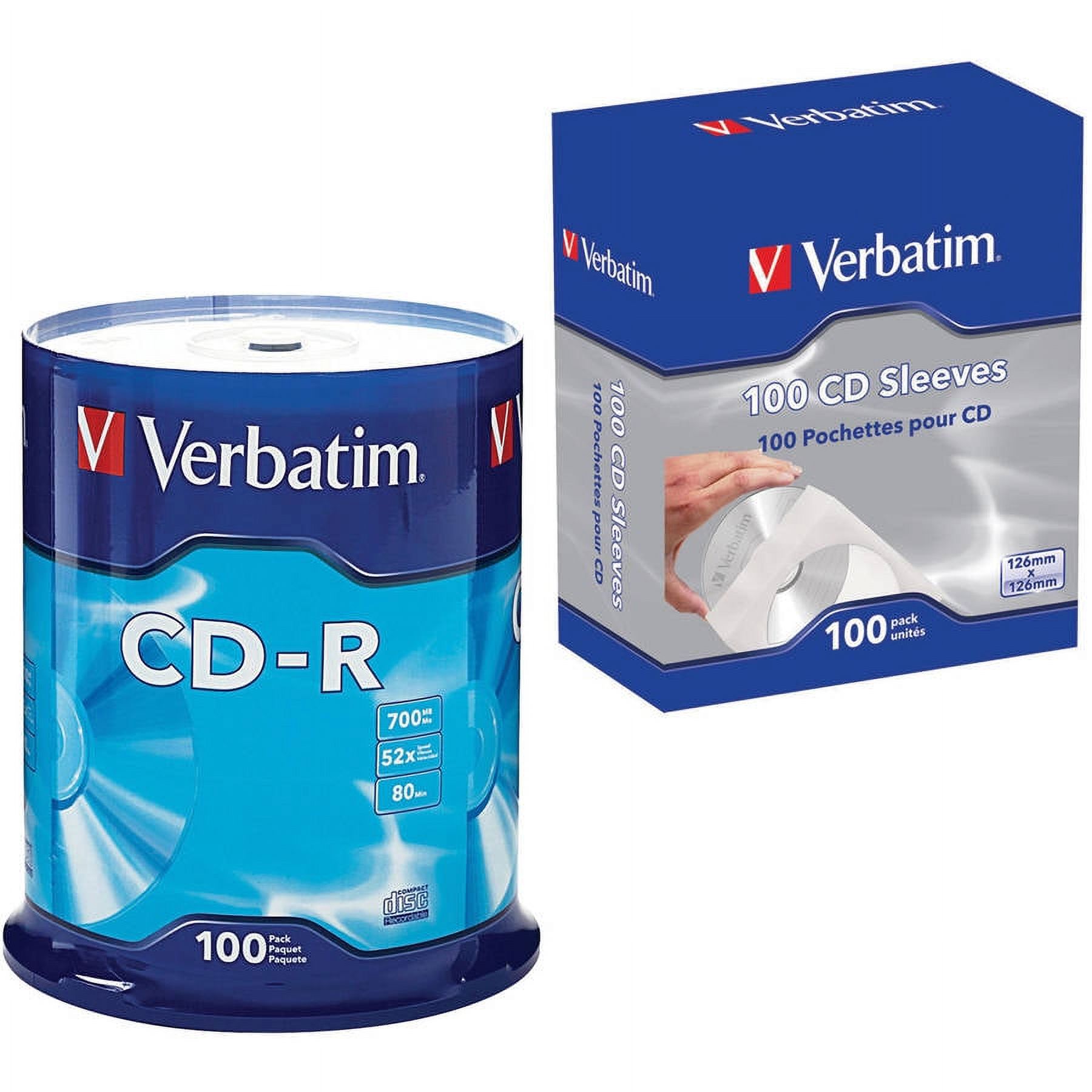 Verbatim 94554 700MB 80-Minute 52x CD-RS 100-Count Spindle and CD/DVD Paper Sleeves with Clear Window, 100-Pack - image 1 of 4