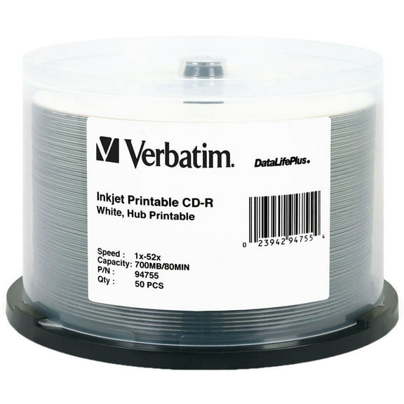 Verbatim 94755 700 MB/80 min 52x Spindle CD-R DataLifePlus Printable Recordable Disc - White (50/Pack)