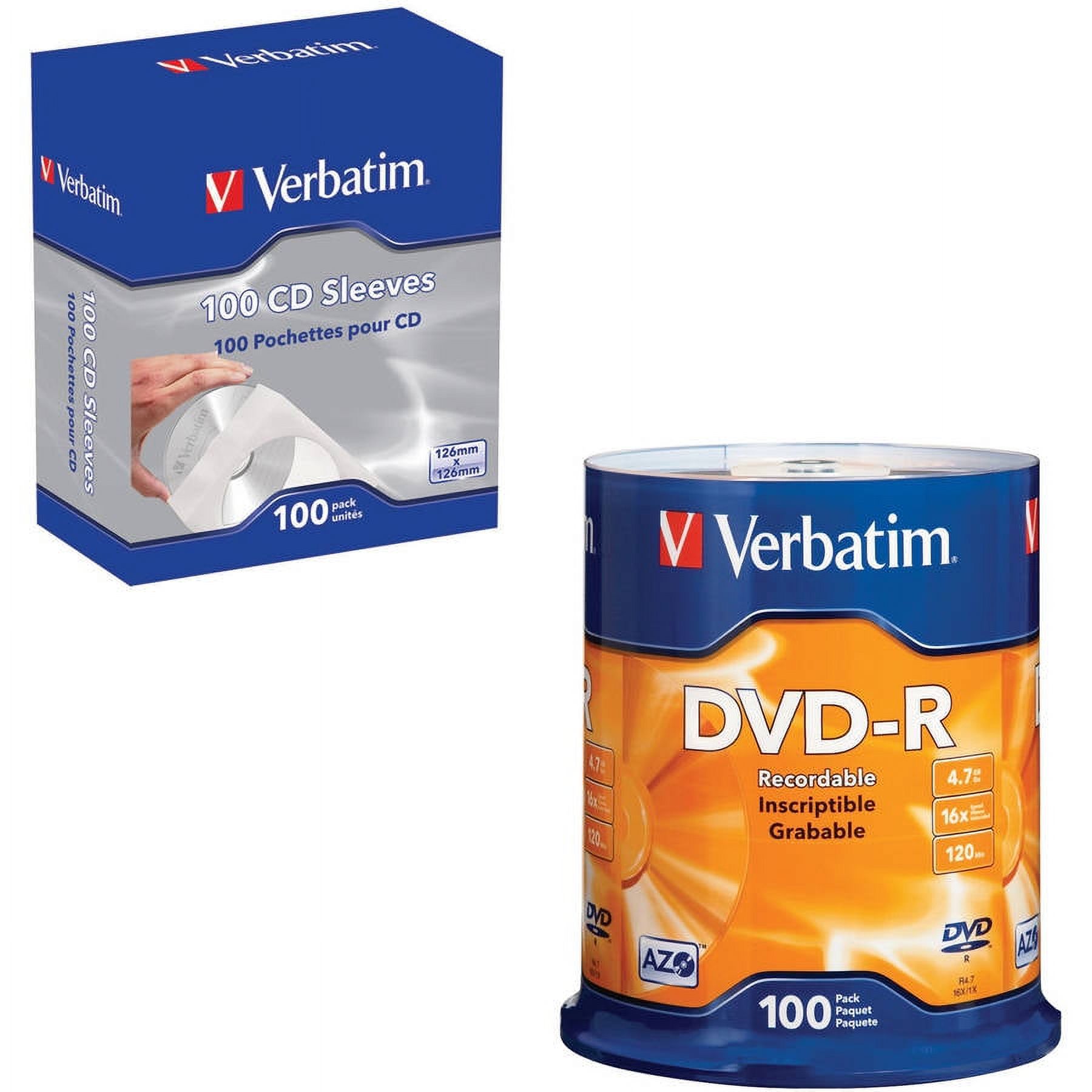 Verbatim 95102 4.7GB DVD-RS 100-Count Spindle and CD/DVD Paper Sleeves with Clear Window, 100-Pack - image 1 of 4