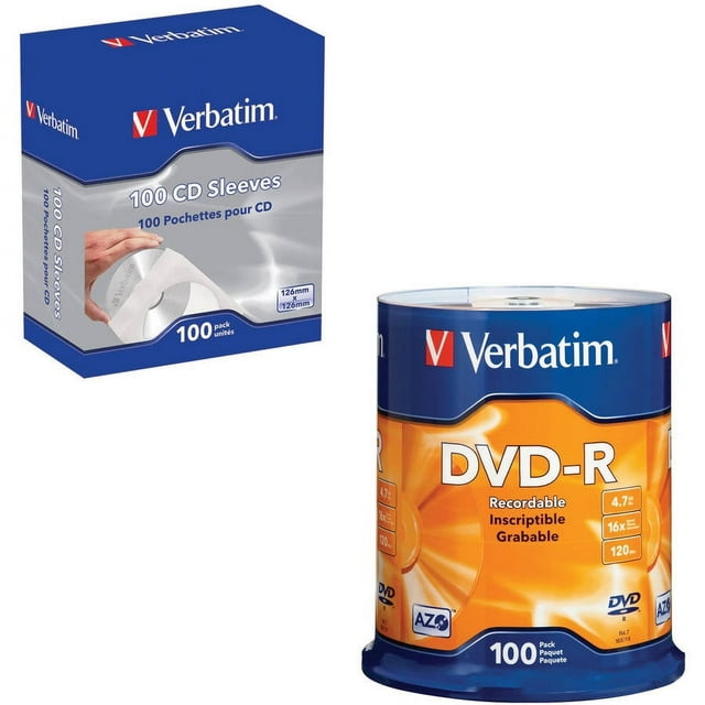 Verbatim 95102 4.7GB DVD-RS 100-Count Spindle and CD/DVD Paper Sleeves with Clear Window, 100-Pack