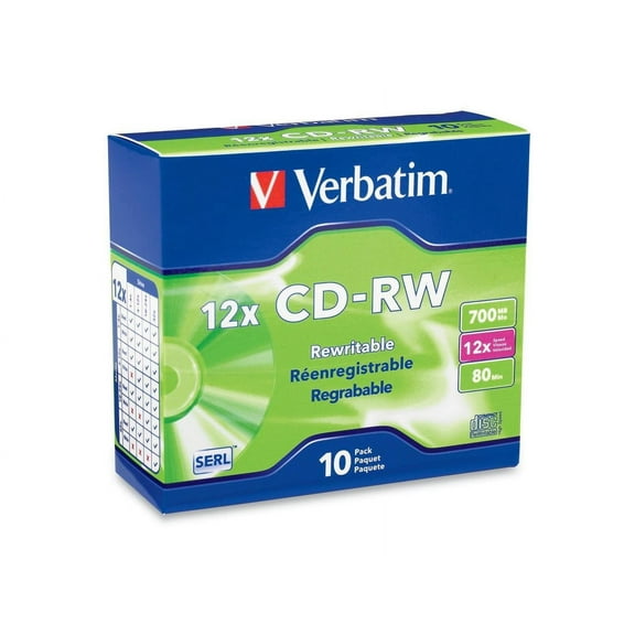 Verbatim 95156 700 MB/80 min 12x Slim Jewel Case CD-RW High-Speed Rewritable Disc - Silver (10/Pack)