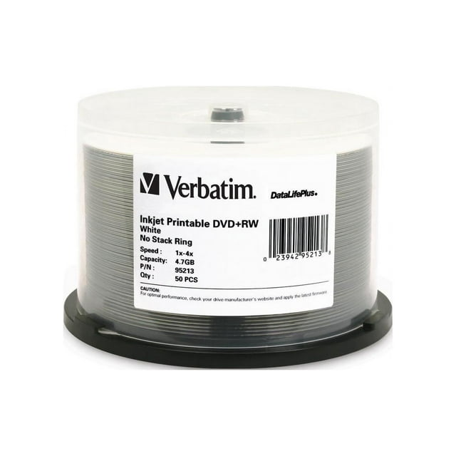 Verbatim DVD+RW 4.7GB 4X DataLifePlus White Inkjet Printable - 50pk Spindle - TAA Compliant