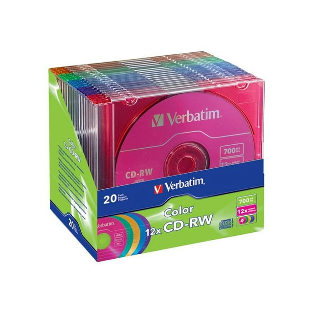 Verbatim 96685 Verbatim CD-RW 700MB 4X-12X DataLifePlus with Color Branded Surface and Matching Case - 20pk Slim Case, Assorted