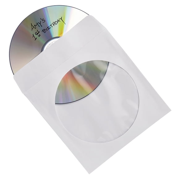 Verbatim CD/DVD Paper Sleeves 100-Pack Box, Clear Window, White