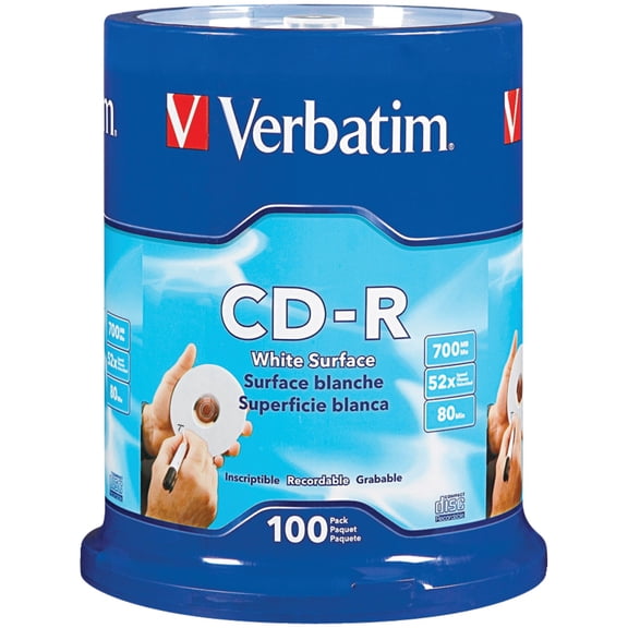 Verbatim CD-R 700MB 80-Minute Blank Discs 100-Pack Spindle, 52X, White