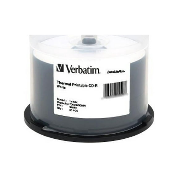 Verbatim CD-R 80MIN 700MB 52X DataLifePlus White Thermal Printable, 50pk Spindle (also Everest & Prism Printer Compatible)