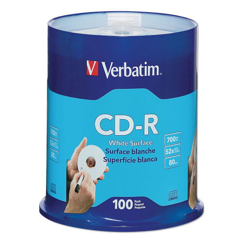 Verbatim CD-R Recordable Disc, 700 MB/80 min, 52x, Spindle, White, 100/Pack - image 1 of 3